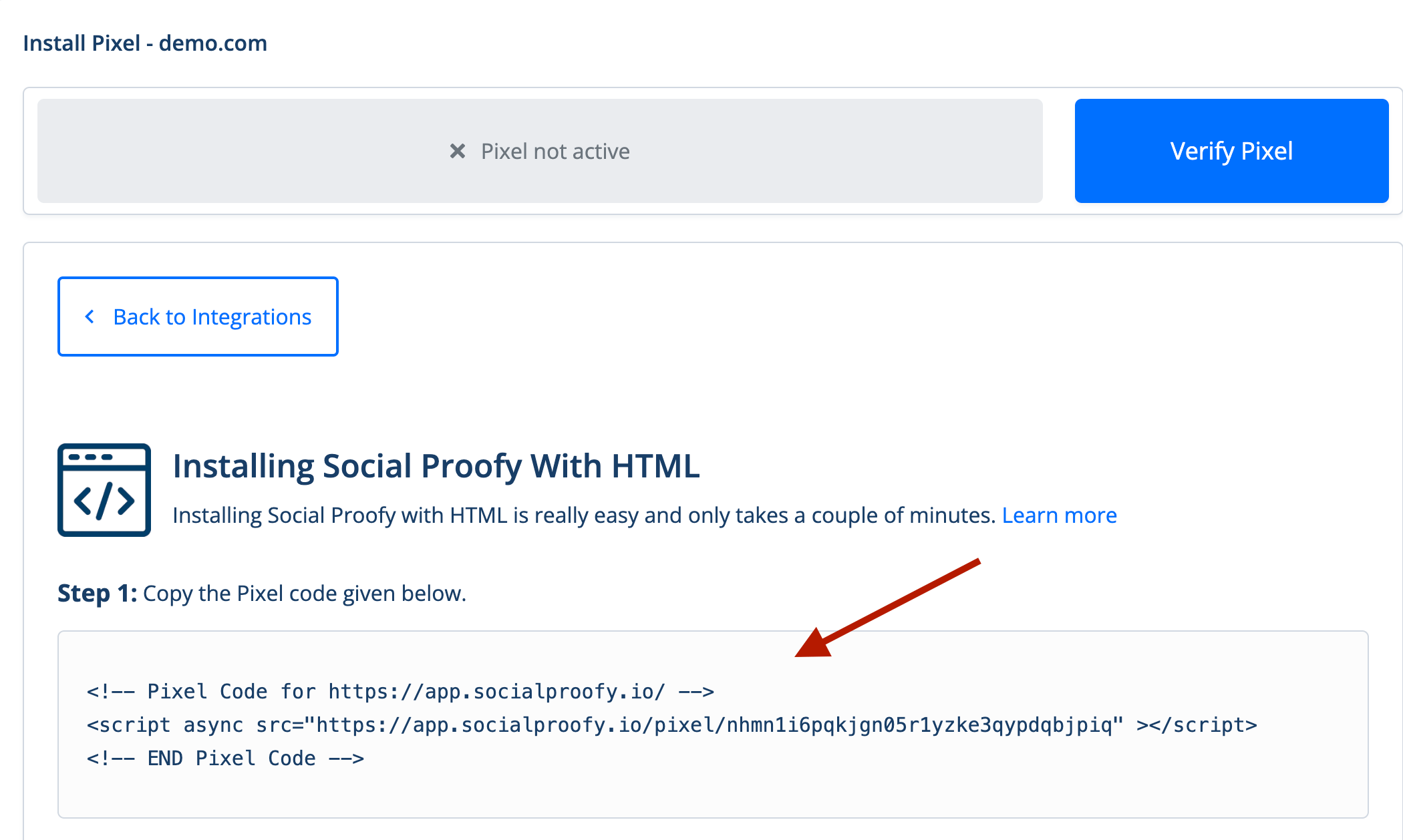 Copy Social Proofy Pixel HTML Snippet